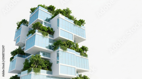 Eco friendly building blocks form modern green tower filled with lush plant life. Future innovation sustainable structure. modern green construction, architecture environmentally friendly