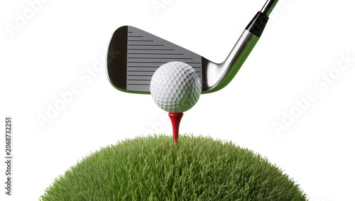 Tableau sur toile Golf club hitting ball on tee on green grass mound