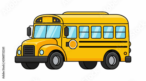 A cartoon-style illustration of a yellow school bus with black wheels and blue windows