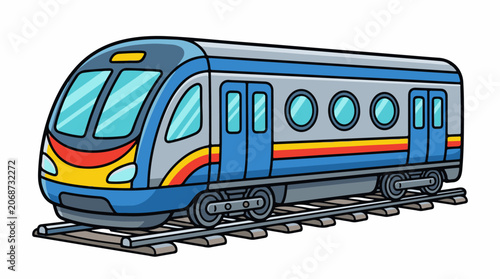 A cartoon-style illustration of a blue, yellow, and red train on tracks