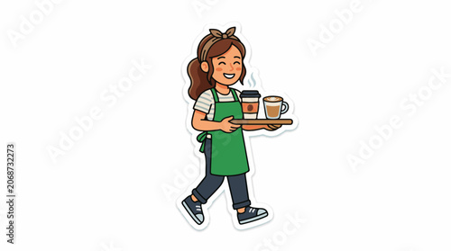 A cartoon woman in a green apron holding a tray with two coffee cups
