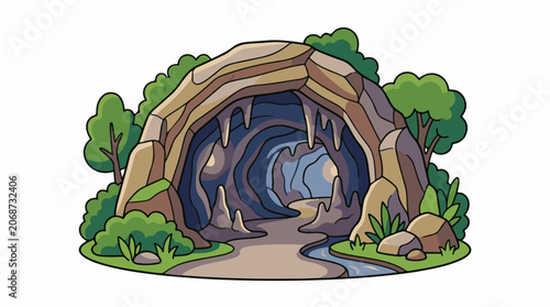 A cartoon illustration of a cave entrance with a winding path and stream