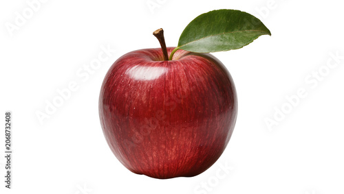 Tableau sur toile Red apple with stem and green leaf