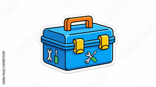 A blue toolbox with yellow latches and handle and tools on sides