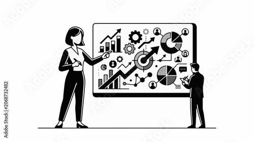 A black and white illustration of two people standing next to a large screen displaying various business charts