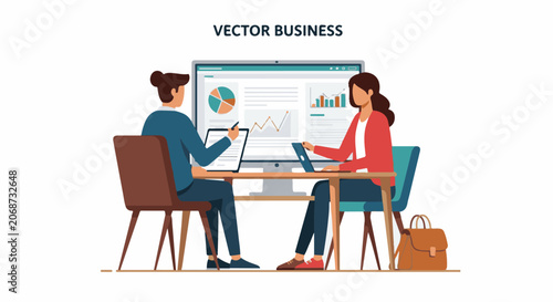 Two businesswomen analyzing data on a large computer screen