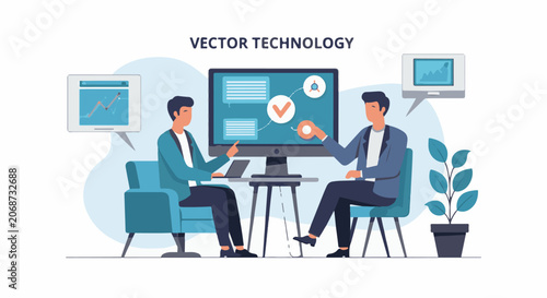 Two businessmen discussing data on a large computer screen