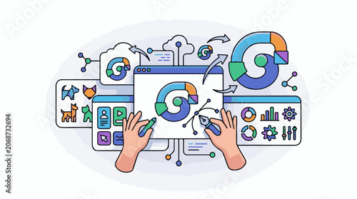 Graphic illustration of hands creating colorful data visualizations on screens