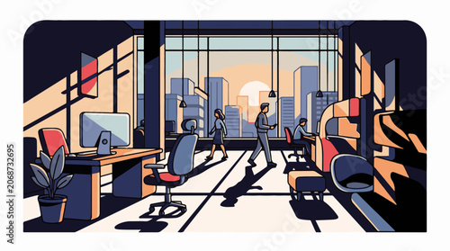 Modern office interior with city view and coworkers