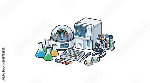 Colorful cartoon lab equipment with various scientific tools and devices