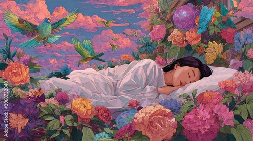 A woman sleeps peacefully as vibrant dream worlds unfold around her bed, filled with floating islands, galaxies, blooming flowers, and soaring birds, depicted in a surreal