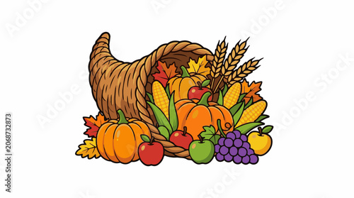 Colorful cartoon illustration of a cornucopia filled with fruits and vegetables (1)