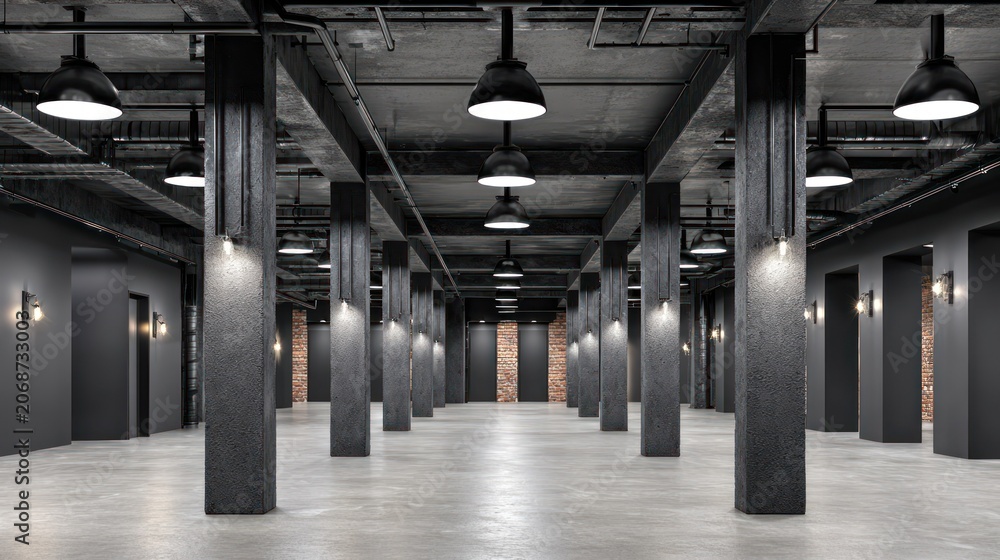 Obraz premium Rows of massive structural pillars define a vast, dimly lit interior space featuring industrial design elements