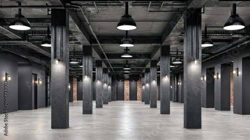 Rows of massive structural pillars define a vast, dimly lit interior space featuring industrial design elements