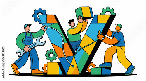 Workers building or fixing a large letter