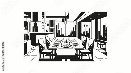 A black and white illustration of a dining room with a table set for a meal