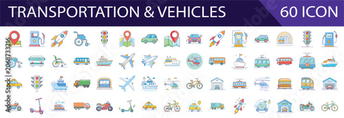 Collection of Transportation and Vehicle Icons in Flat Design Style on White Background