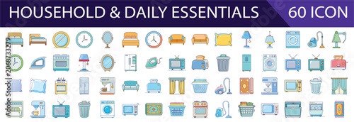Collection of Household and Daily Essentials Icons in Flat Design Style