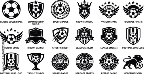 Soccer club crest logo collection with vector football badges shields trophy icons and sports emblems.