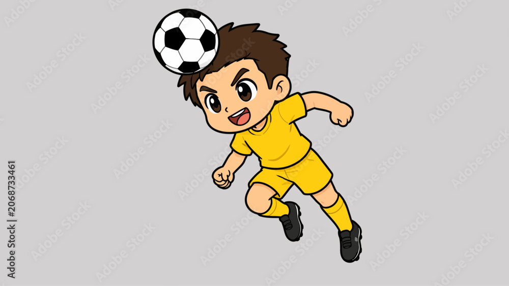 Obraz premium Cute Anime Style Boy Character Playing Soccer Heading A Football Ball Illustration