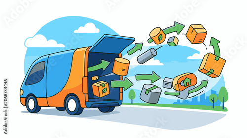 A blue and orange delivery truck with its back open and packages floating out