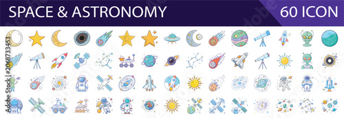 Collection of Sixty Flat Design Space and Astronomy Icons on Transparent Background