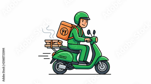 A cartoon delivery person rides a green scooter with a food bag