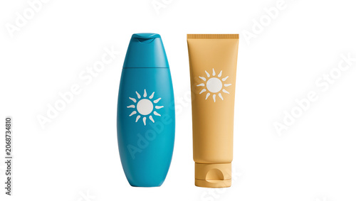 Photos Blue bottle and yellow tube with sun logo for sunscreen