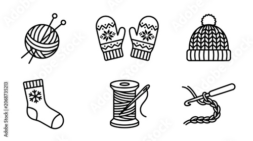 Minimalist black and white line art icons of knitting and sewing supplies with winter apparel, isolated white background.