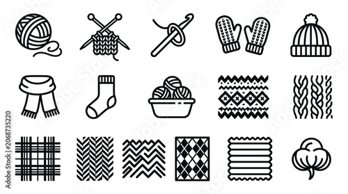 Black and white line art collection of knitting and crochet tools with warm winter accessories and patterns, isolated white background.