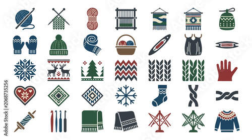 Collection of knitting, weaving, and winter apparel icons with holiday designs, isolated white background.