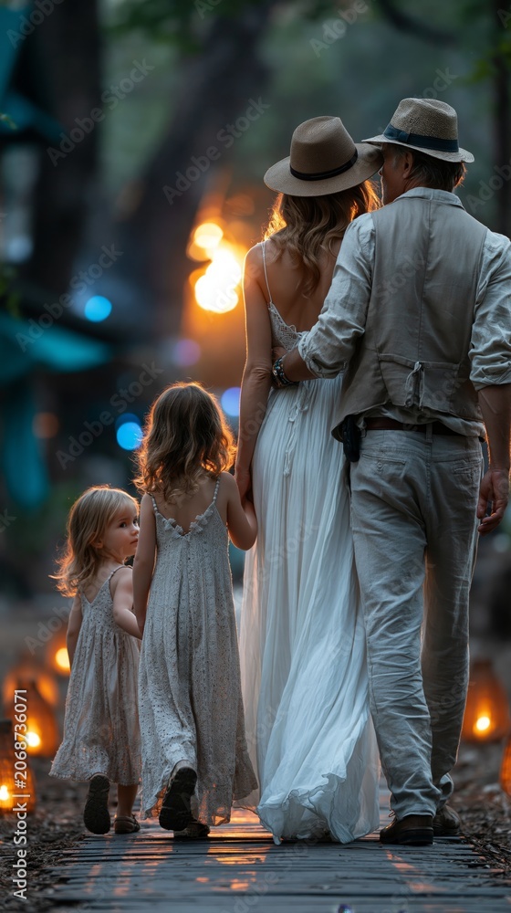 Fototapeta premium A family of four walks away holding hands along a wooden path illuminated by warm lanterns against a soft background.