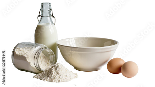 Tableau sur toile Milk in bottle flour in jar and bowl, eggs for baking