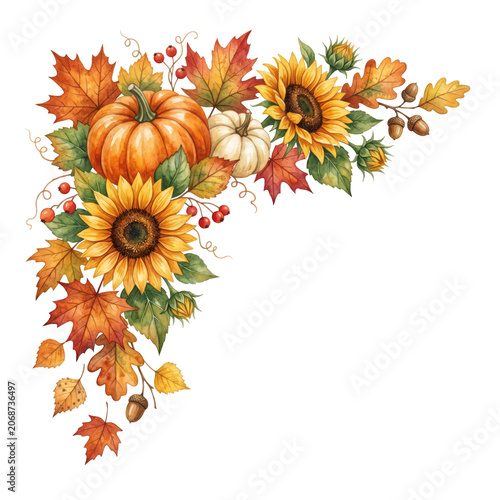 Watercolor Autumn Corner Frame with Pumpkins Sunflowers and Falling Leaves for Seasonal Design
