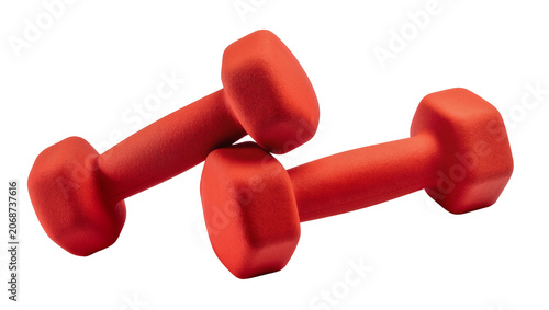 Bild auf Leinwand Pair of red dumbbells with textured grip