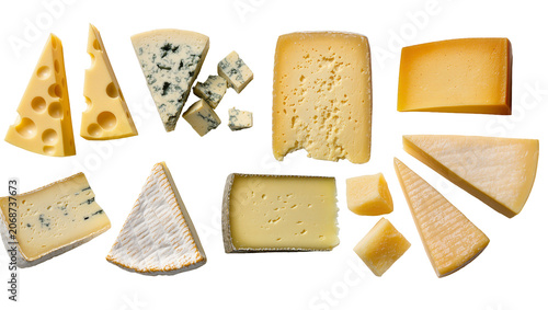 Fotografie Assortment of cheese wedges and cubes including Swiss blue brie, and hard cheese
