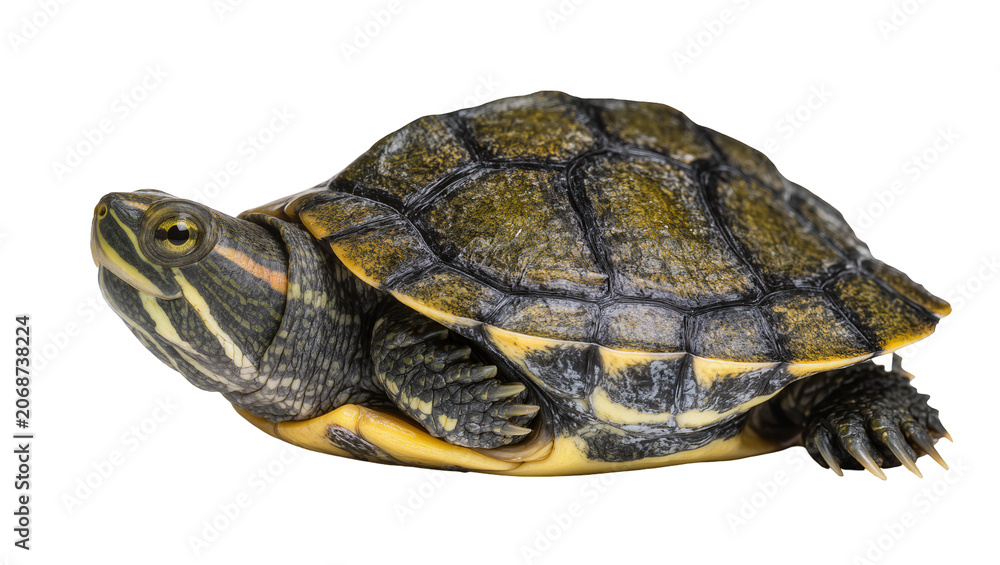Obraz premium Red-eared slider turtle with yellow stripes on head and shell