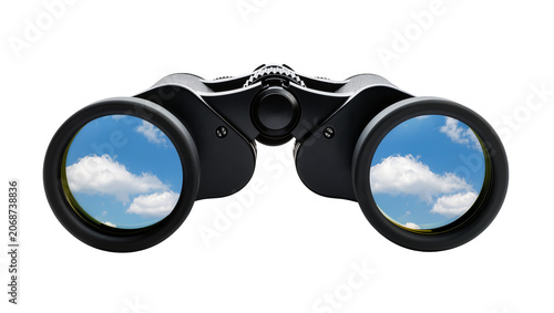 Tableau sur toile Black binoculars reflecting blue sky with white clouds