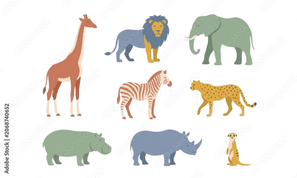 Obraz premium Cute African safari animals vector set with cartoon giraffe, lion, elephant, zebra, and cheetah illustrations