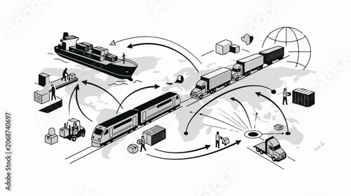 Global shipping network with cargo transportation by sea, land, and rail