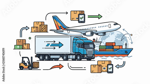 International shipping process with airplane, truck, ship, and forklift