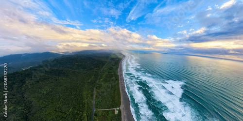 Aerial view of the coastline meeting the forest, West Coast of New Zealand