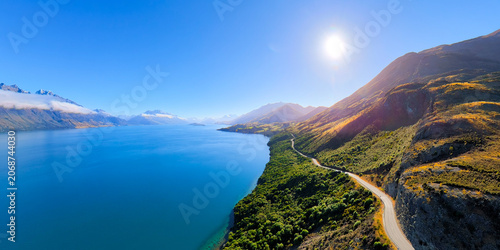 Photography Drone footage of valleys, lakes and cliffside roads, Lake Wakatipu, New Zealand