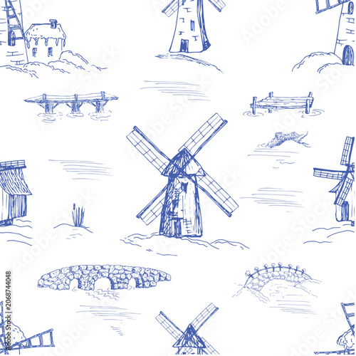 Old windmills and bridges over the river, blue toile de jouy pattern.