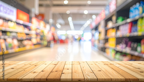 Empty Wooden Table in Blurred Supermarket Aisle with Products on Shelves.