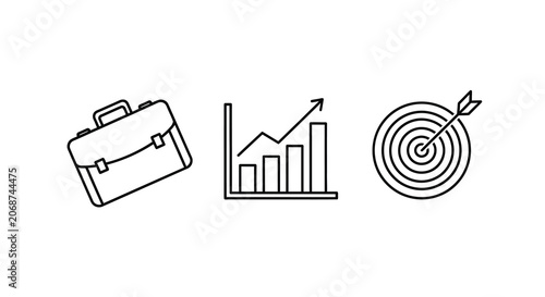 Fotografie Briefcase Bar Graph And Target Icon Set Black Line Art