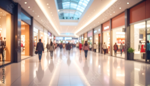 Modern Shopping Mall Interior with Shoppers and Storefronts.