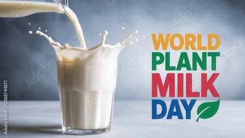World Plant Milk Day concept with milk pouring into a glass and splashing