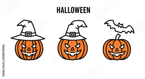 Fotografi Halloween Jack o lanterns With Witch Hat And Bat Line Art Icons