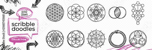 Fotografie Hand drawn vintage black ink scribble doodle vector set of esoteric mystic magic